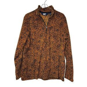 Lands' End Women Jacket Fleece Quarter Zip Leopard Pullover Burnt Caramel Medium